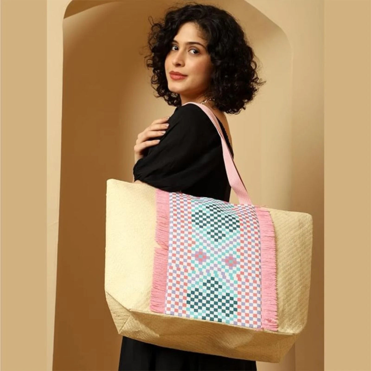 ENSAC Checkered Fringe Beach Bag Tote for women | Woven Geometric Summer Shoulder Handbag
