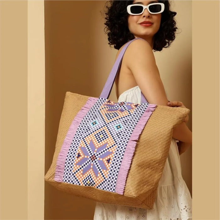 ENSAC Checkered Fringe Beach Bag Tote for women | Woven Geometric Summer Shoulder Handbag
