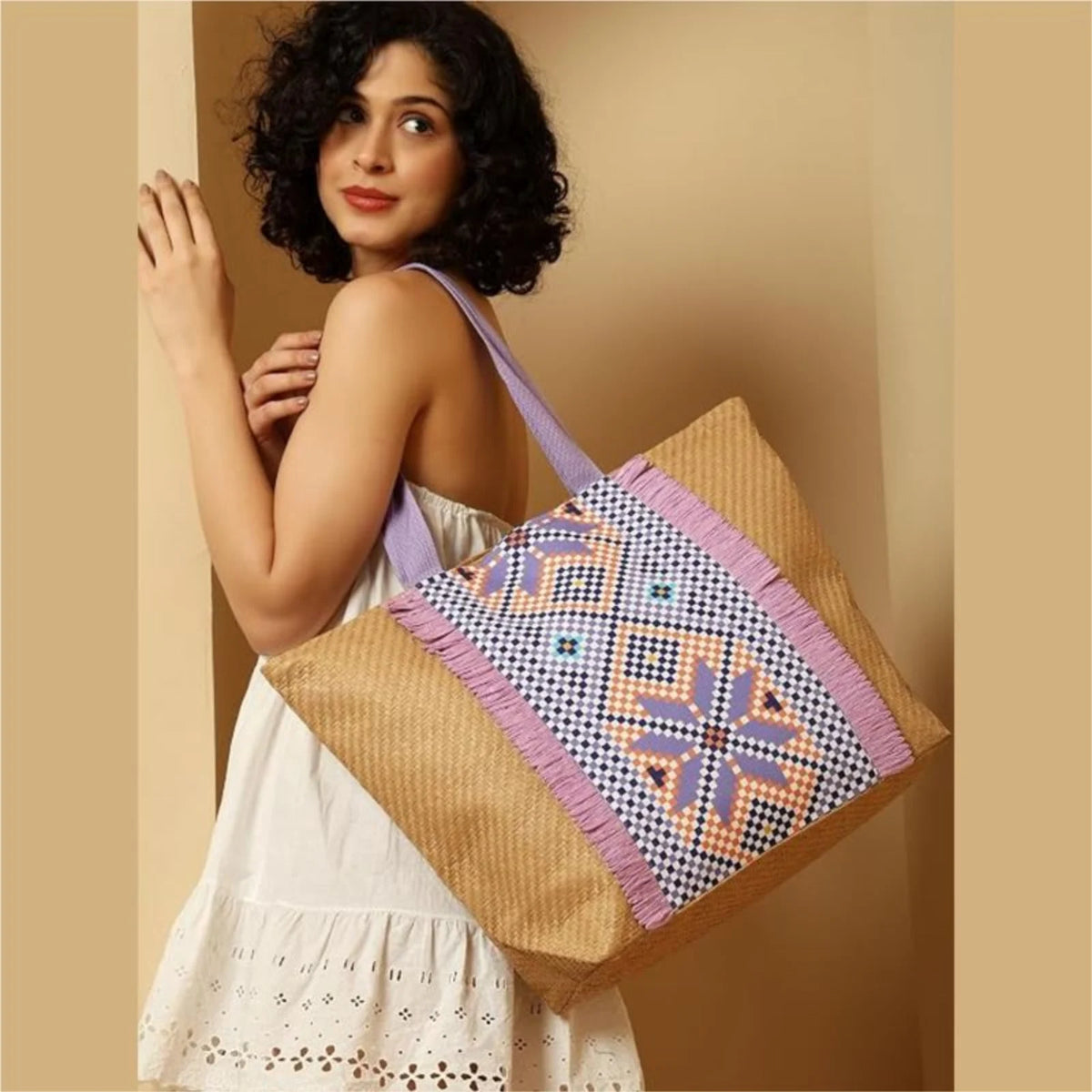 ENSAC Checkered Fringe Beach Bag Tote for women | Woven Geometric Summer Shoulder Handbag