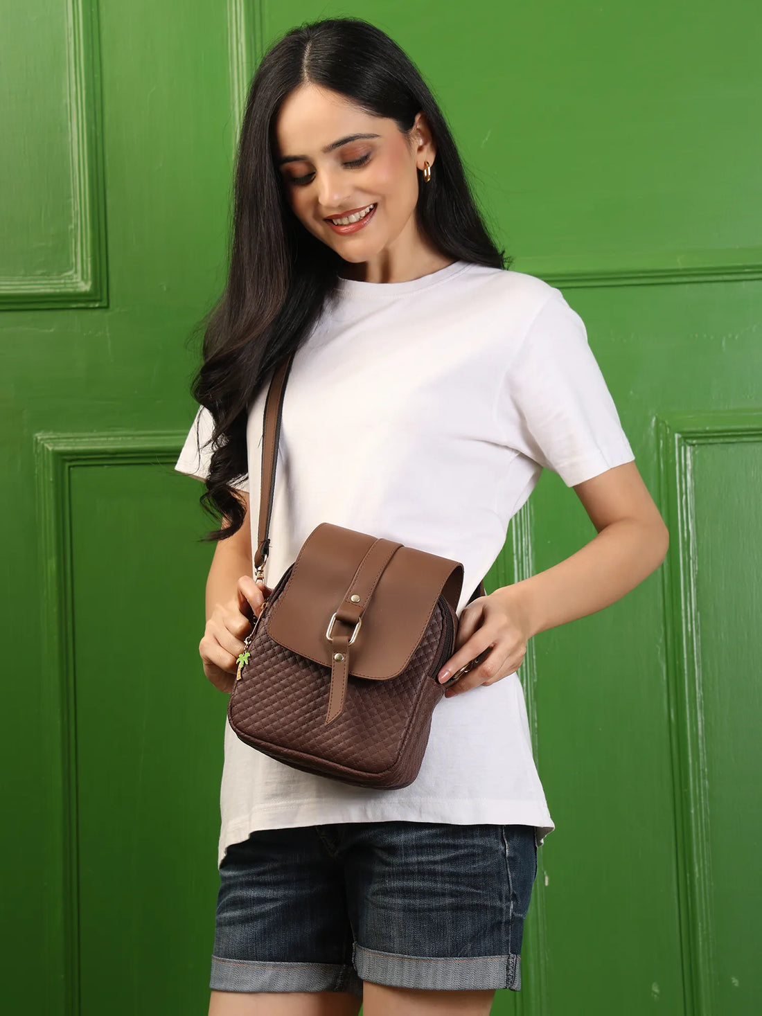 ENSAC Women's Brown Quilted Vegan Leather Crossbody Sling Bag