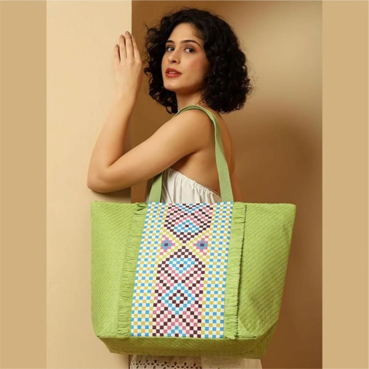 ENSAC Checkered Fringe Beach Bag Tote for women | Woven Geometric Summer Shoulder Handbag