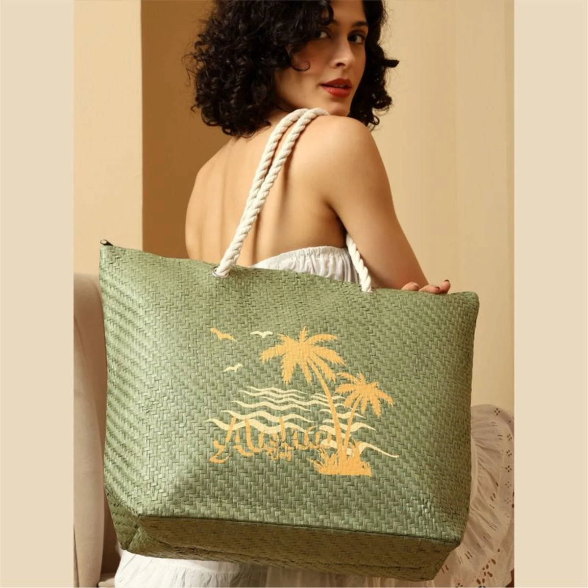 ENSAC Womens Beach Bag | Paper Straw Printed Tote Bag with Handles