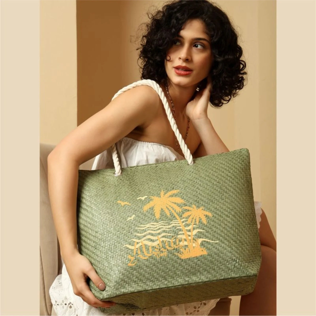 ENSAC Womens Beach Bag | Paper Straw Printed Tote Bag with Handles