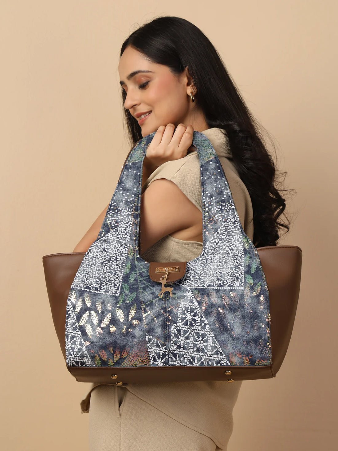 ENSAC Women's Sequin Embellished Denim Shoulder Hobo Bag – Bluestone with Deer Charm