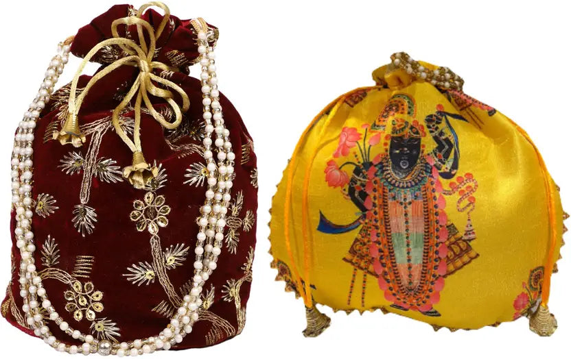 Ensac Women Beige Potli Bag (Pack of 2) | Stylish Ethnic Handbags for Parties & Weddings