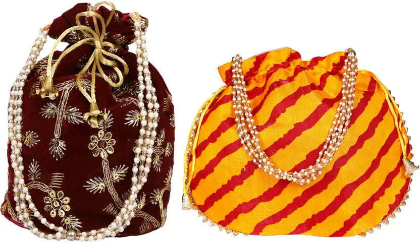 Ensac Women Beige Potli Bag (Pack of 2) | Stylish Ethnic Handbags for Parties & Weddings