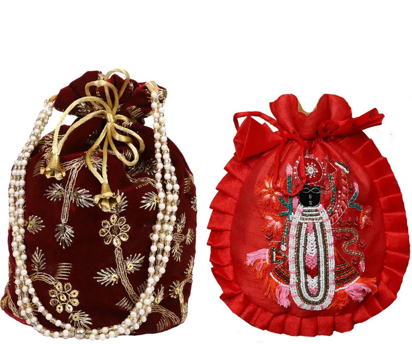 Ensac Women Beige Potli Bag (Pack of 2) | Stylish Ethnic Handbags for Parties & Weddings