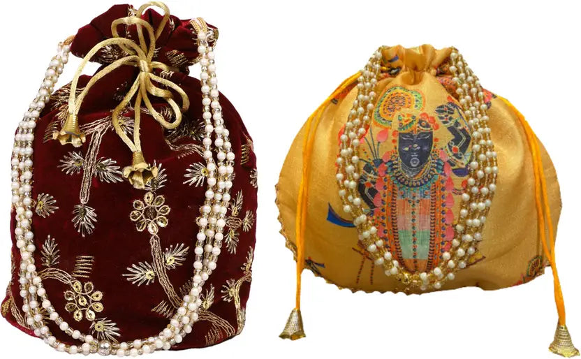 Ensac Women Beige Potli Bag (Pack of 2) | Stylish Ethnic Handbags for Parties & Weddings