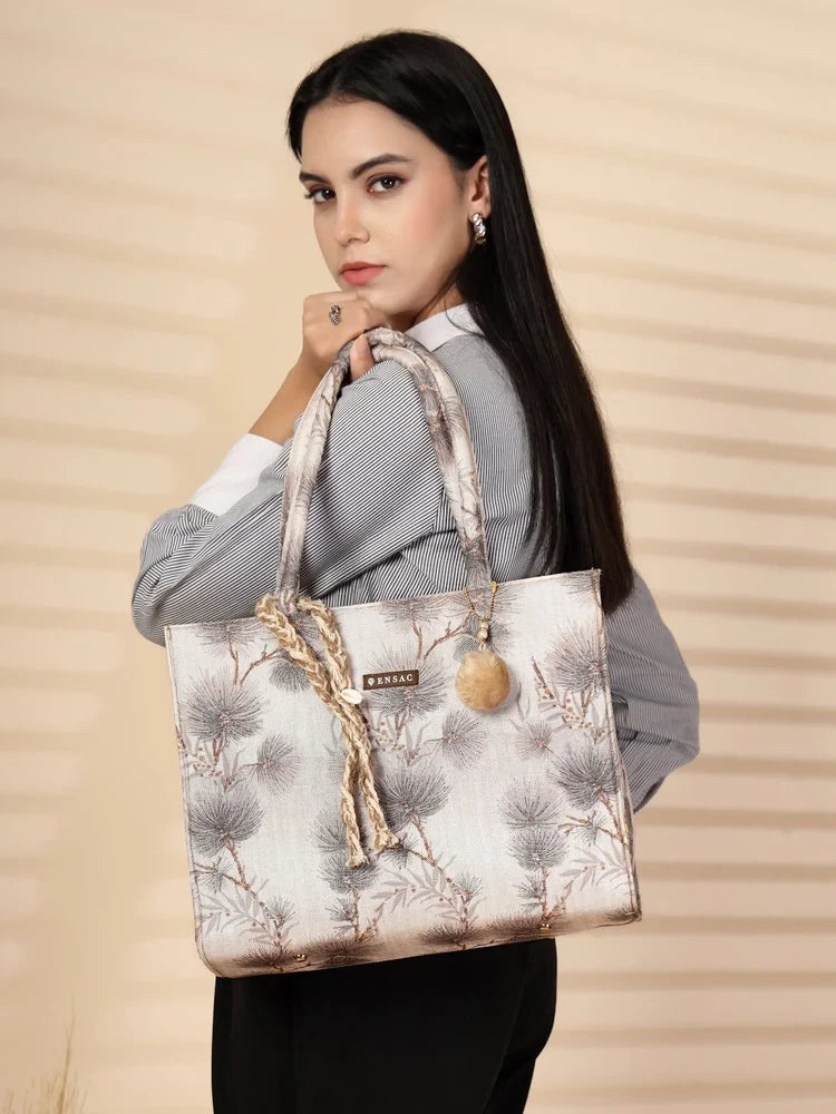 ENSAC Women Tote Bag - Printed Jute Shoulder Bag with Top Handle