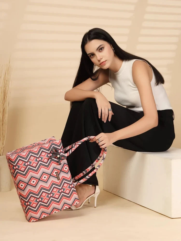 ENSAC Women Tote Bag - Printed Jute Shoulder Bag with Top Handle