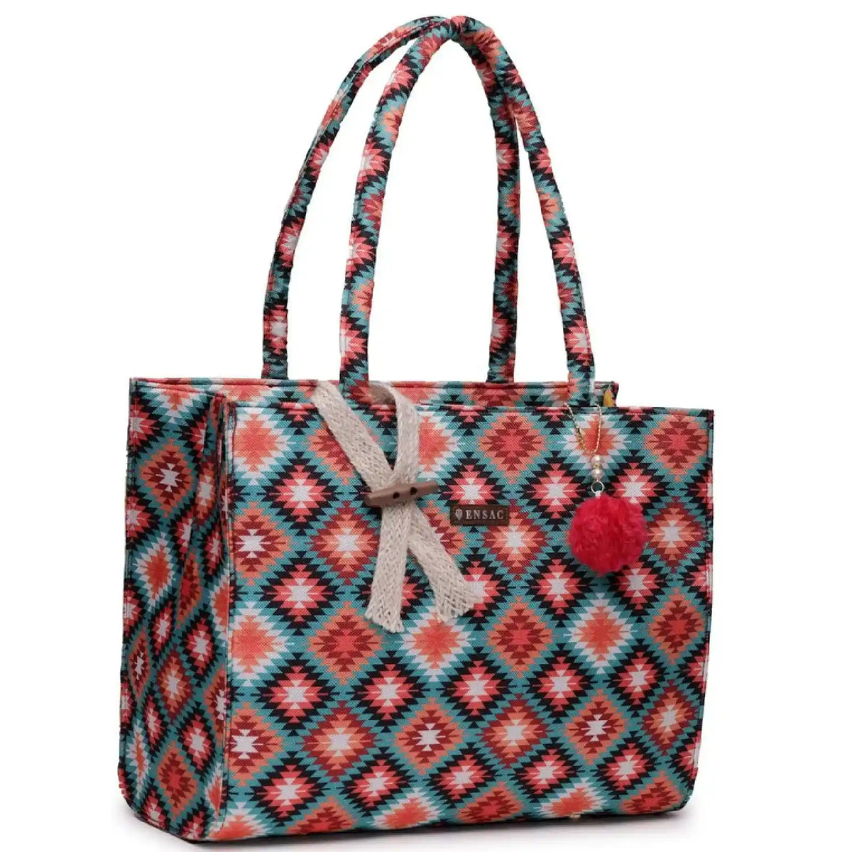 ENSAC Women Tote Bag - Printed Jute Shoulder Bag with Top Handle