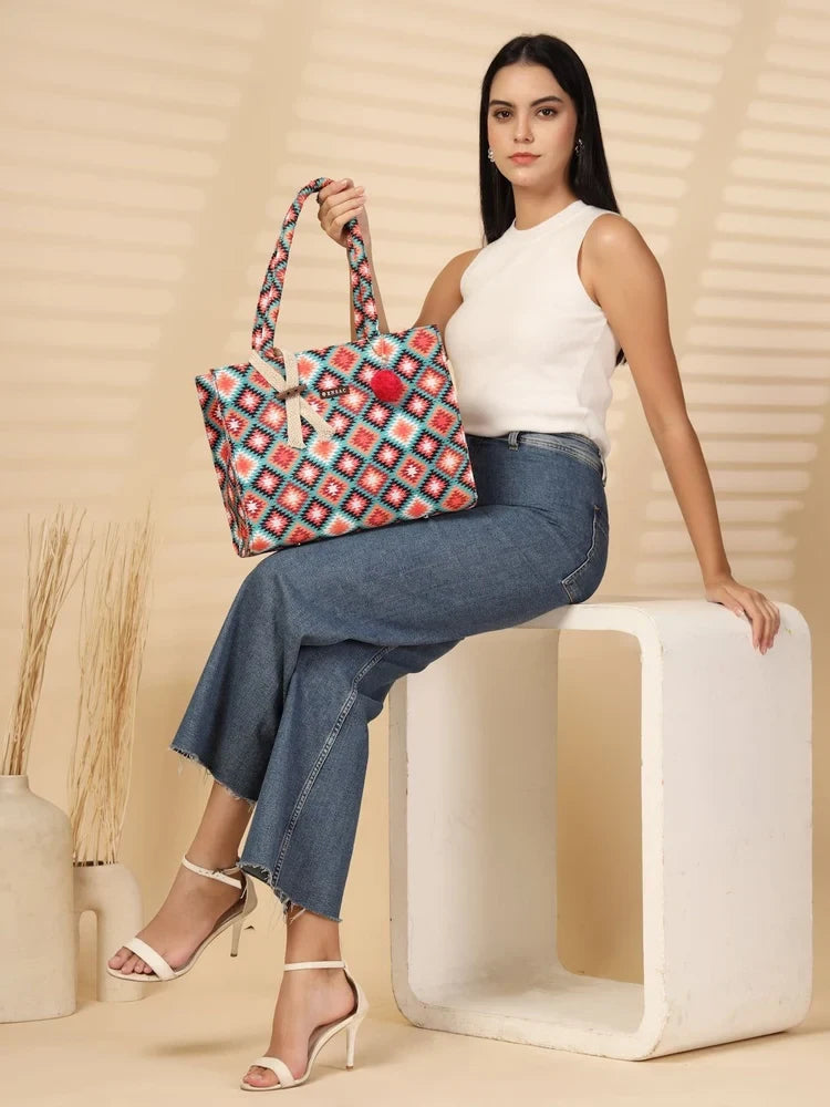 ENSAC Women Tote Bag - Printed Jute Shoulder Bag with Top Handle