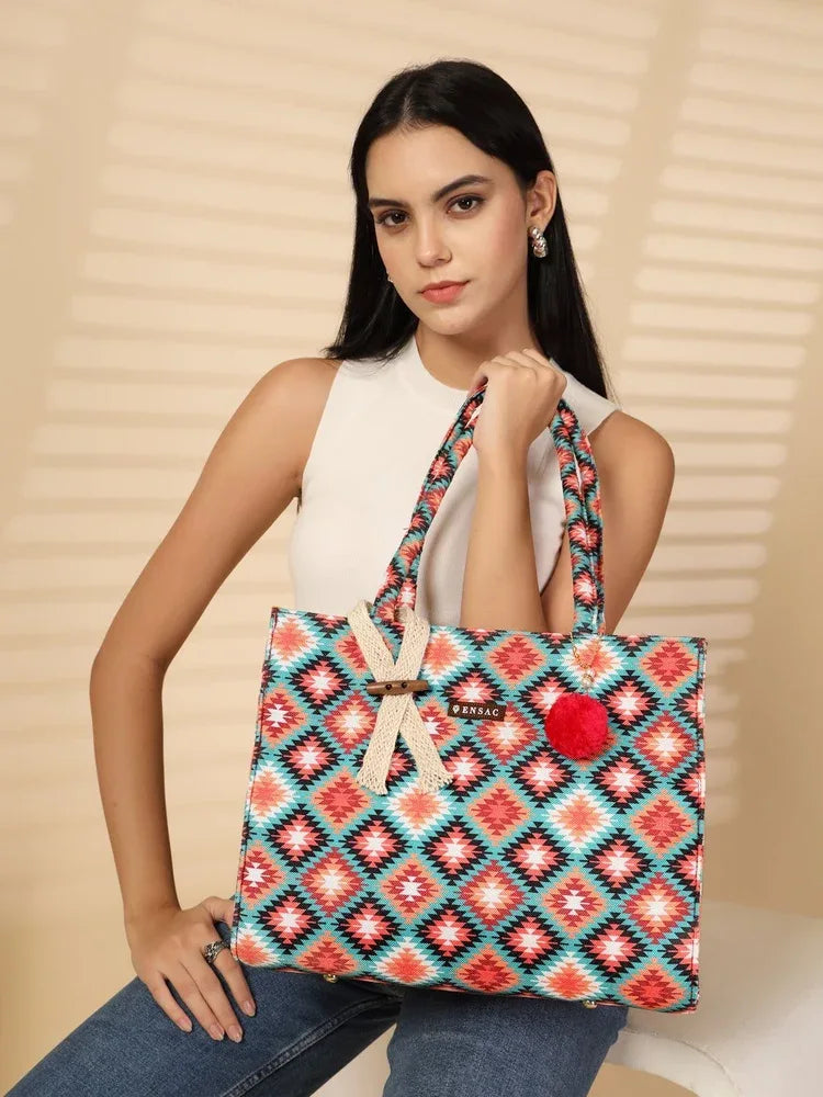 ENSAC Women Tote Bag - Printed Jute Shoulder Bag with Top Handle