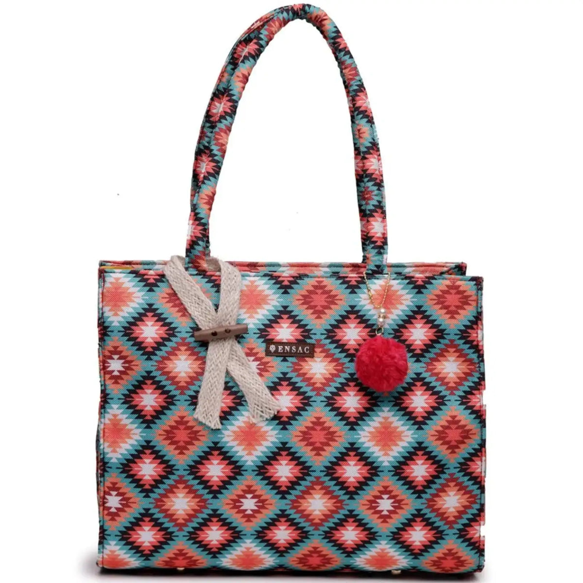 ENSAC Women Tote Bag - Printed Jute Shoulder Bag with Top Handle
