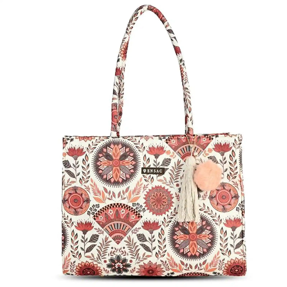 ENSAC Women Tote Bag - Printed Jute Shoulder Bag with Top Handle