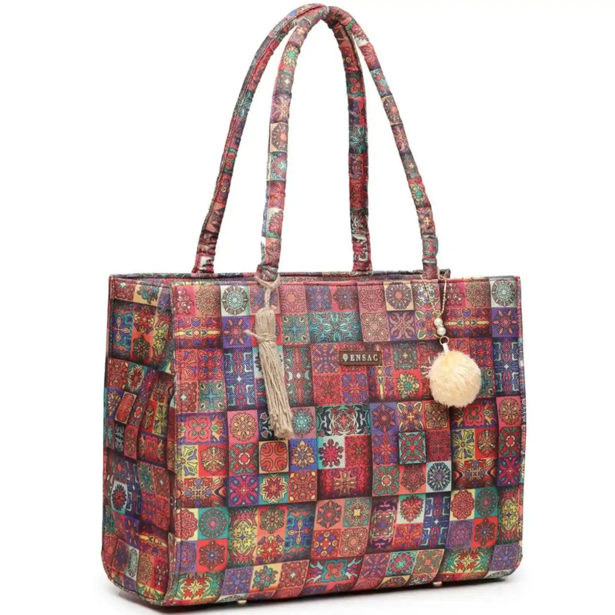 ENSAC Women Tote Bag - Printed Jute Shoulder Bag with Top Handle