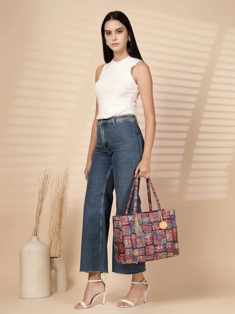 ENSAC Women Tote Bag - Printed Jute Shoulder Bag with Top Handle