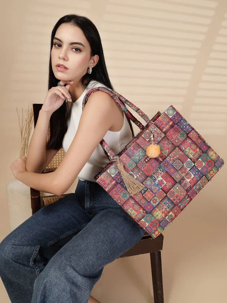 ENSAC Women Tote Bag - Printed Jute Shoulder Bag with Top Handle