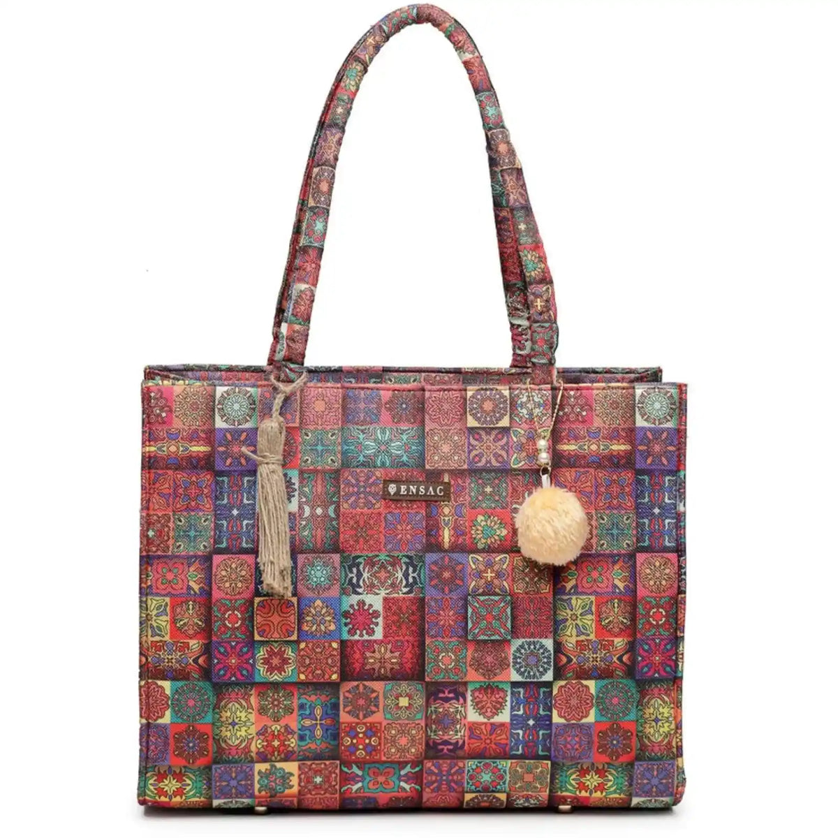 ENSAC Women Tote Bag - Printed Jute Shoulder Bag with Top Handle