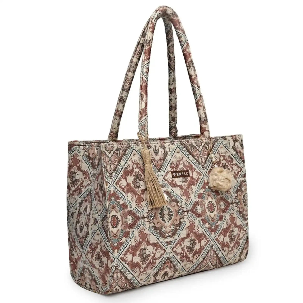 ENSAC Women Tote Bag - Printed Jute Shoulder Bag with Top Handle