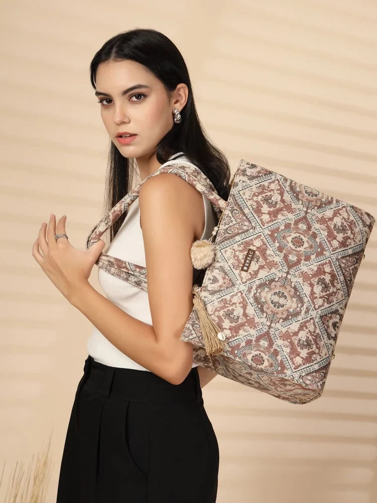 ENSAC Women Tote Bag - Printed Jute Shoulder Bag with Top Handle