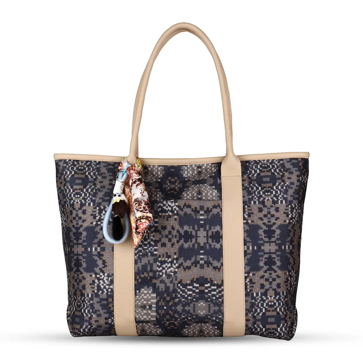 ENSAC Women’s Geometric Print Woven Laptop Tote Bag with Scarf & Pom-Pom Charms