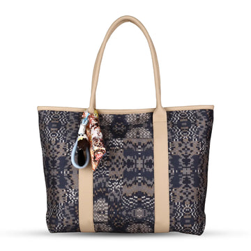ENSAC Women’s Geometric Print Woven Laptop Tote Bag with Scarf & Pom-Pom Charms