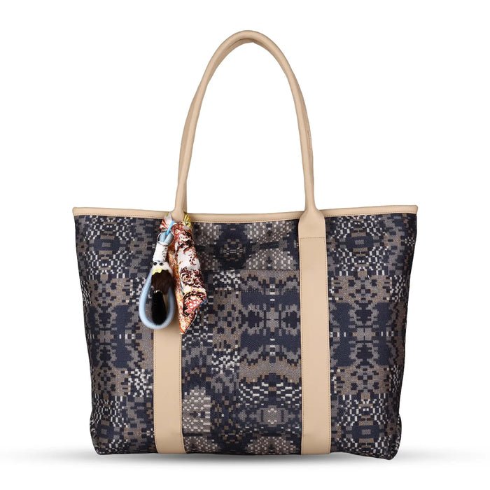 ENSAC Women’s Geometric Print Woven Laptop Tote Bag with Scarf & Pom-Pom Charms