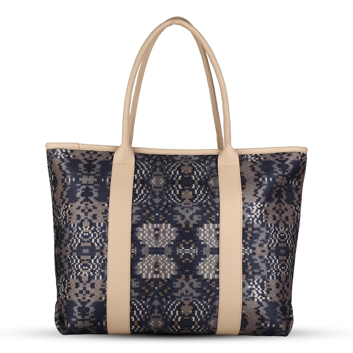 ENSAC Women’s Geometric Print Woven Laptop Tote Bag with Scarf & Pom-Pom Charms