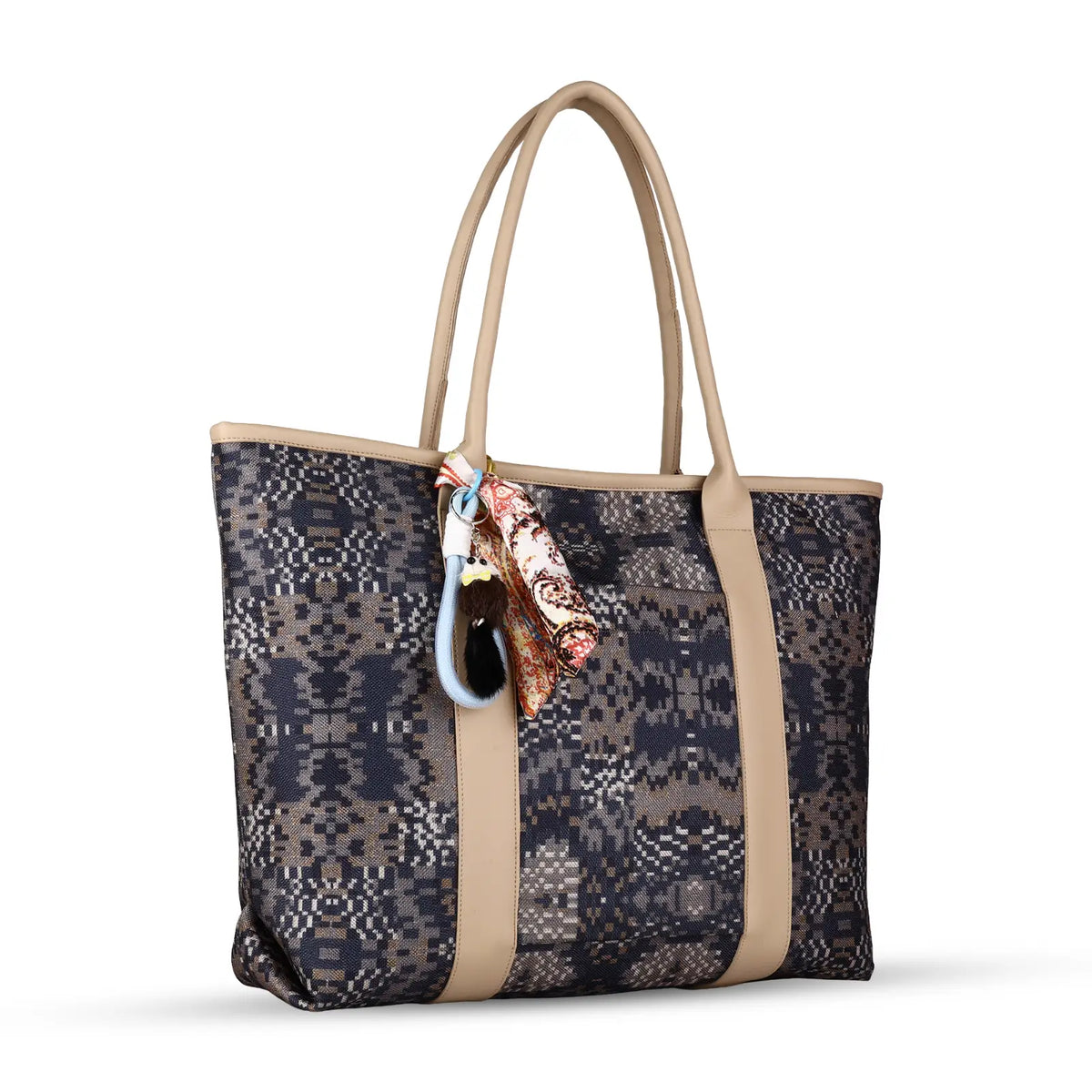 ENSAC Women’s Geometric Print Woven Laptop Tote Bag with Scarf & Pom-Pom Charms